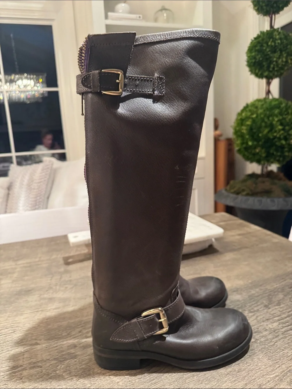 Steve Madden Tall Brown Leather Riding Boots with Purple Back Zippers